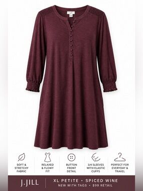 J.Jill Smocked Henley Dress in Spiced Wine, Size XLP NWT
